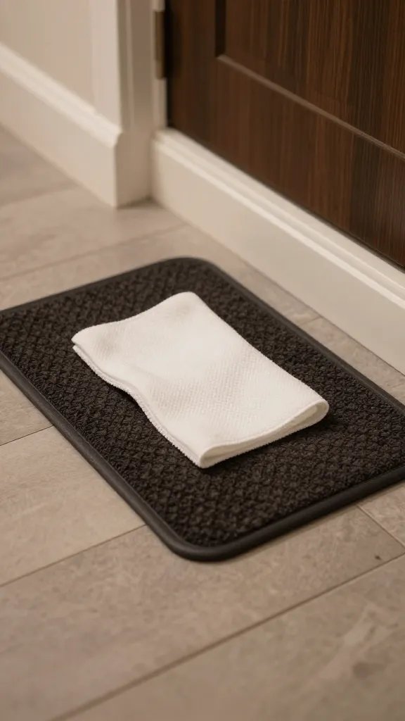 Focused shot of a compact shoe mat and wipe surface in entryway nook