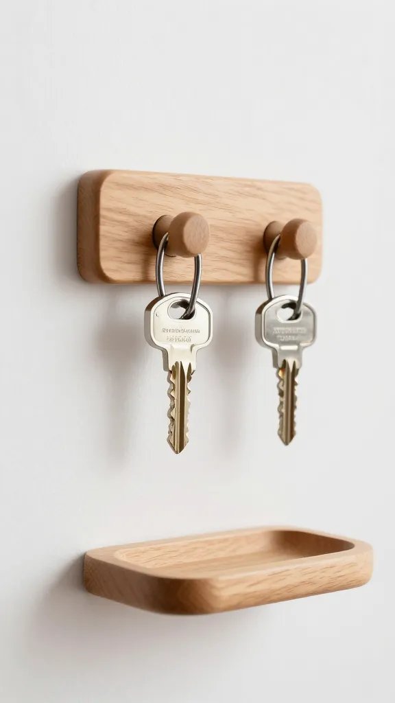Closeup of a minimalist wooden door hook with two key hooks and a small tray