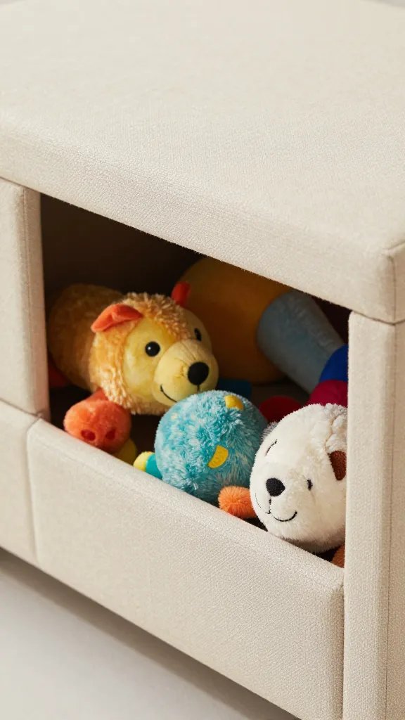 closeup of an ottoman storage compartment with pet toys