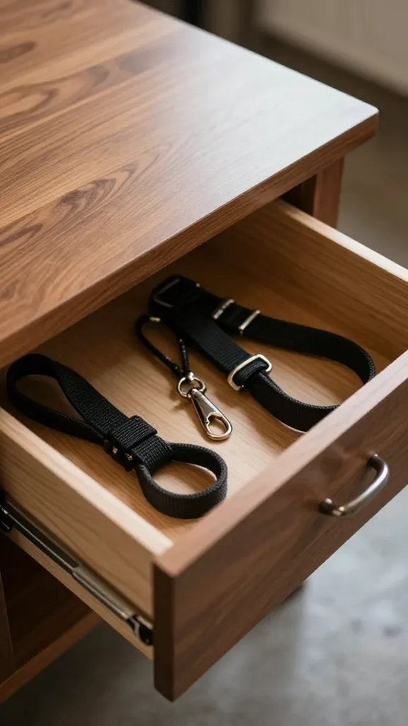 closeup of a coffee table with hidden drawer opened to reveal leashes