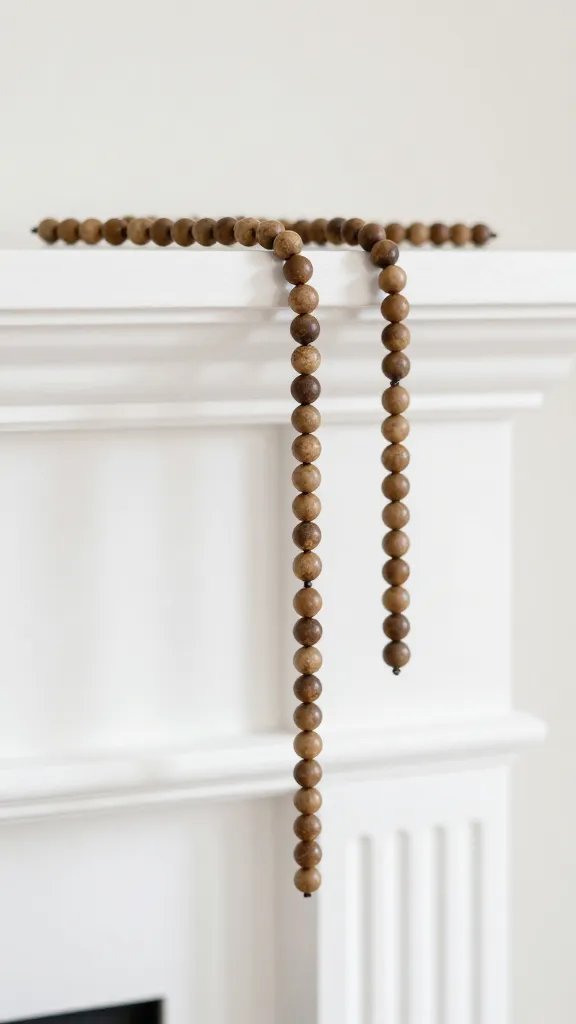 Closeup bead garland draped over a white mantel, soft natural light