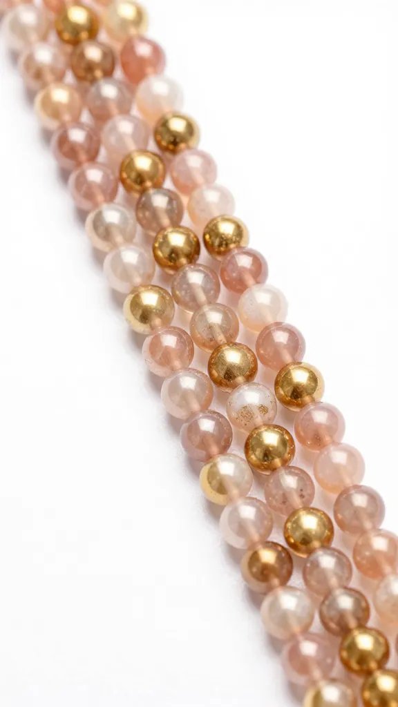 Macro shot of glass bead strands in blush and gold tones, single strand