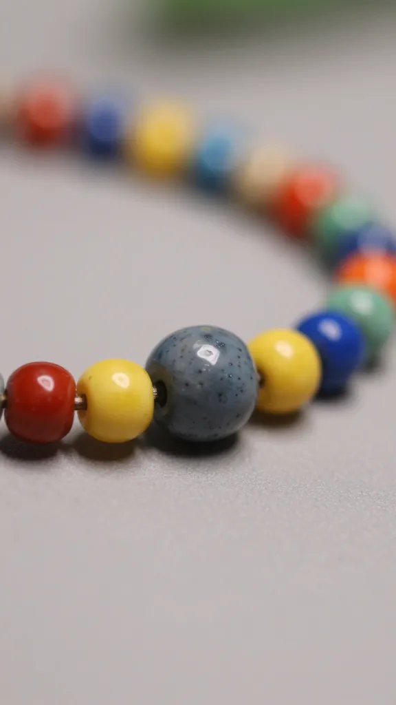 Focused portrait of a single beaded bead, colorful beads on string, blurred background