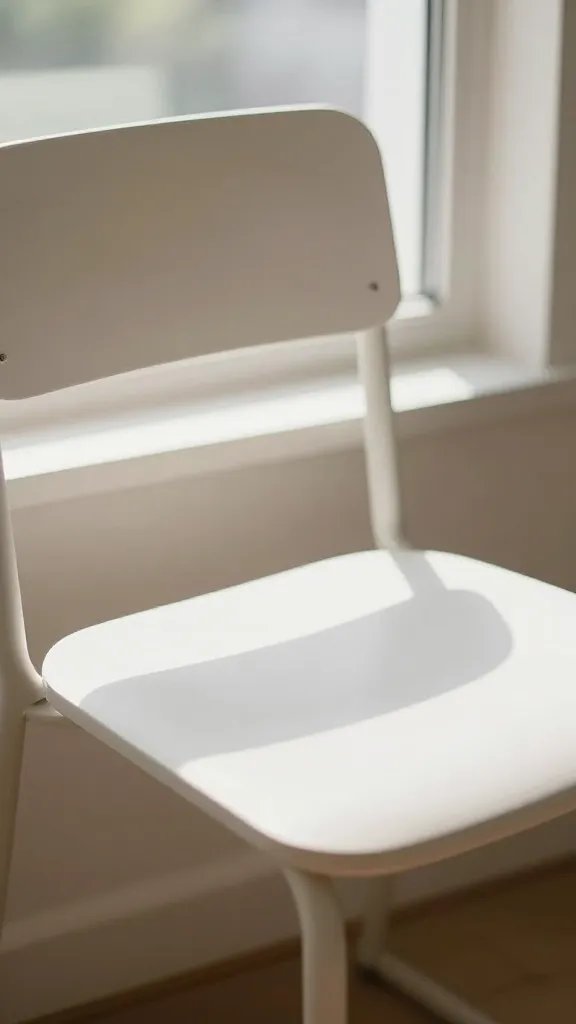 Closeup of a light, low-profile chair by a sunlit window seat