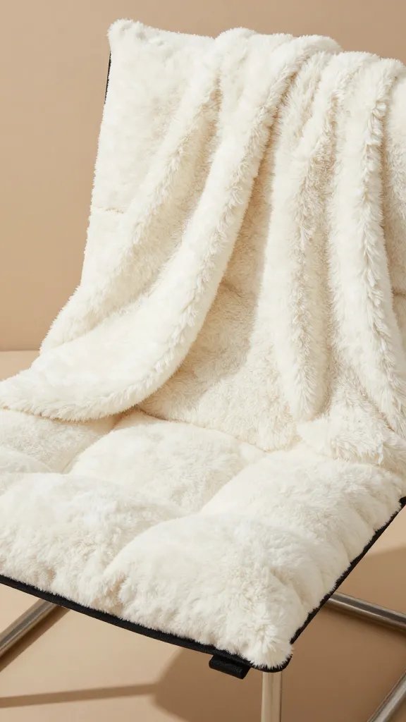 Closeup of a fluffy throw draped over a portable window-seat cushion