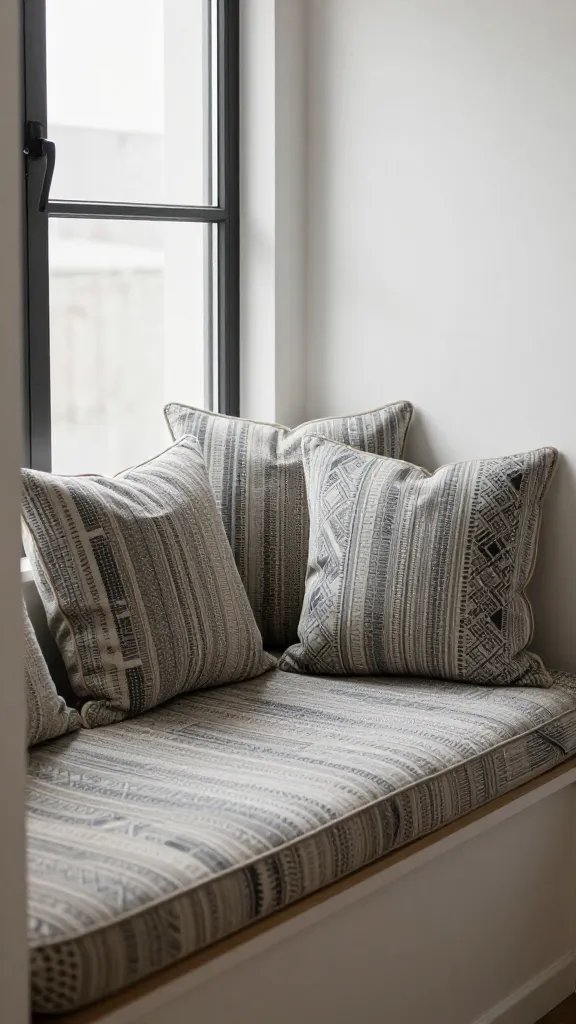 Tight shot of patterned cushions arranged on a bare window ledge nook
