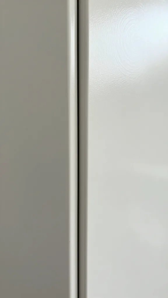 Closeup of painted semi-gloss closet door edge sheen