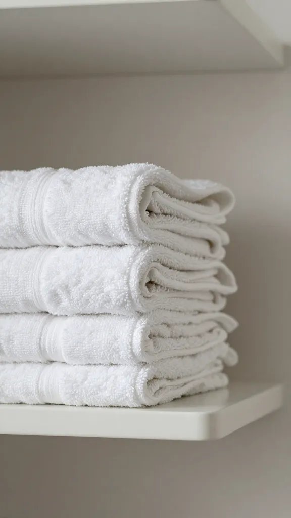 Closeup of a neatly folded towel stack on a slim wall shelf