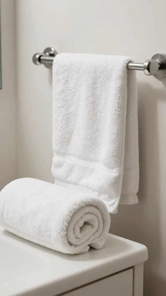 Closeup of a single towel rod with a rolled hand towel in front of a small vanity