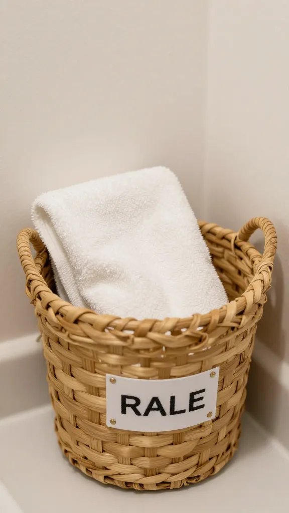 Closeup of a labeled woven basket containing a single towel in a tiny bathroom corner