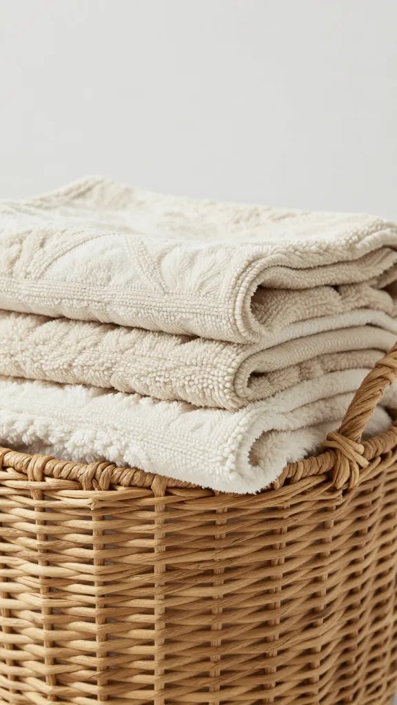 closeup of a woven basket with folded throw blanket