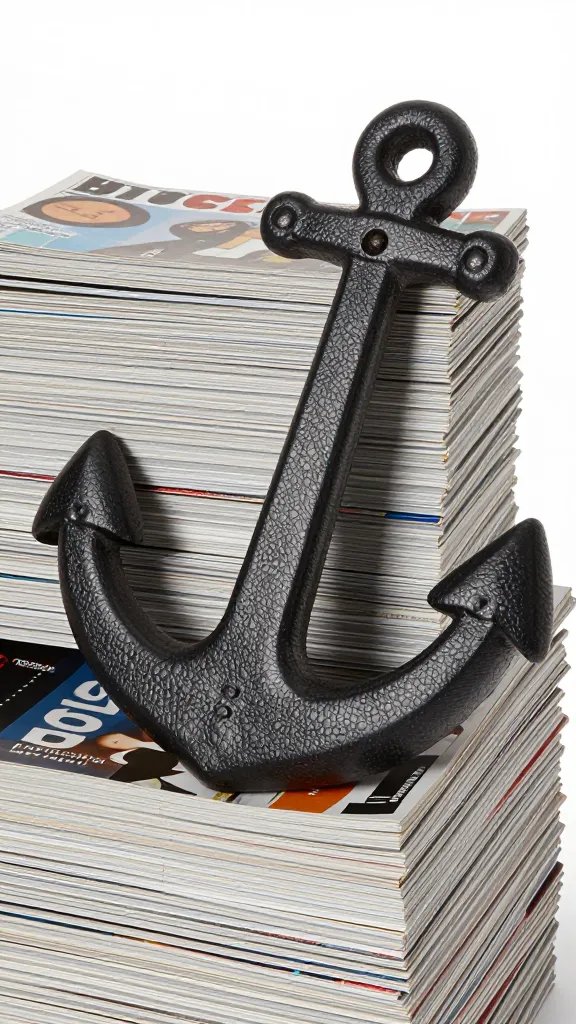 closeup of a magazine-stacked basket as a decorative anchor