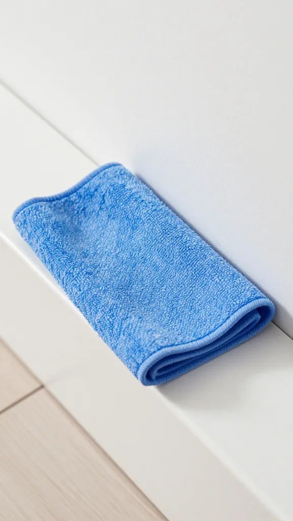 Closeup of a microfiber cloth wiping a baseboard edge