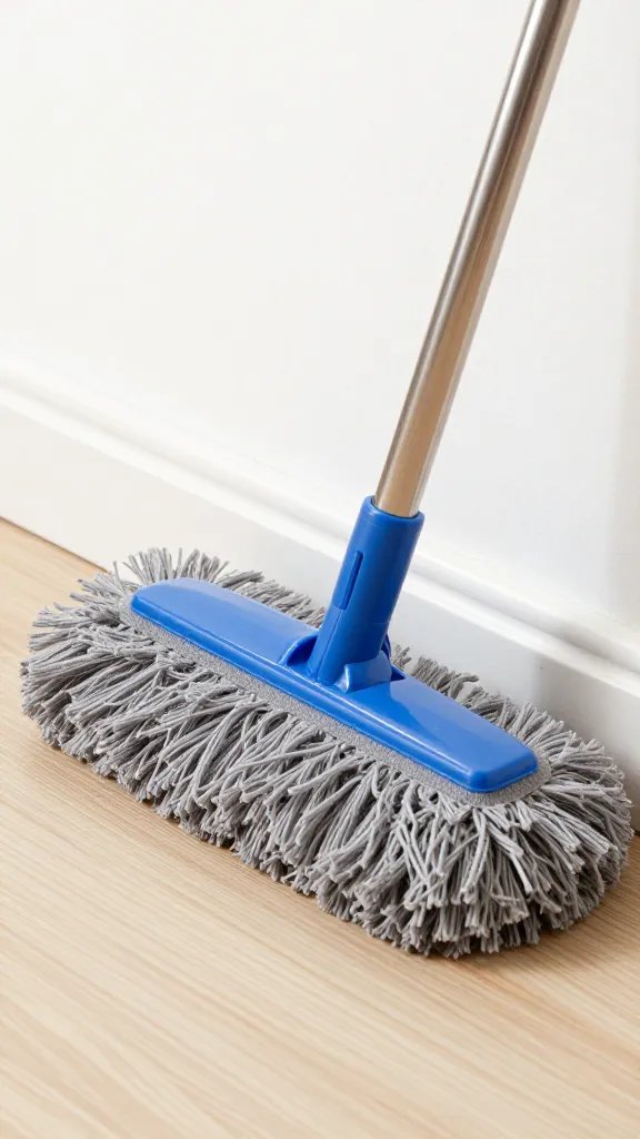 Closeup of an extendable duster reaching a baseboard
