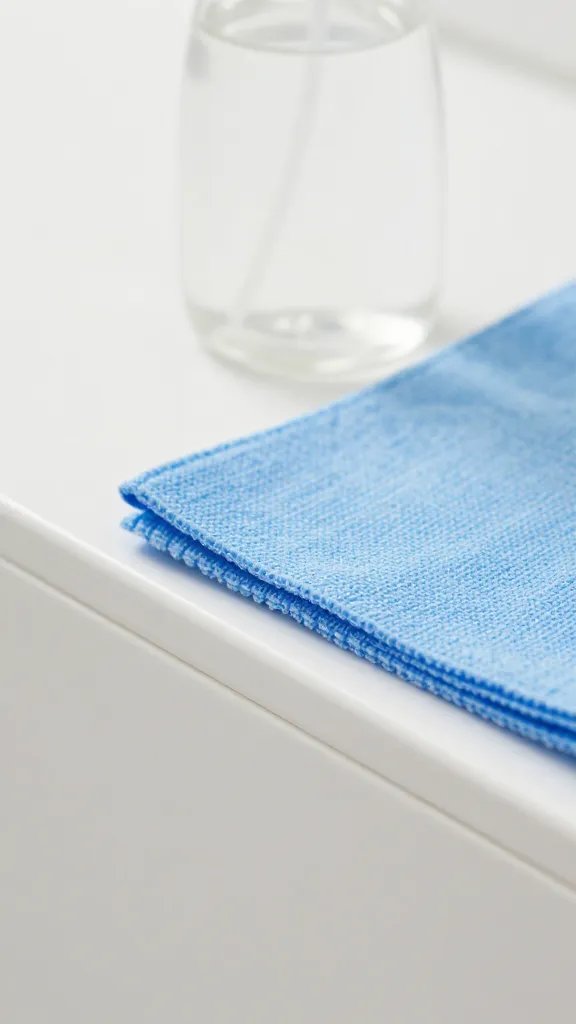 Closeup of a spray bottle and microfiber cloth on a clean baseboard edge