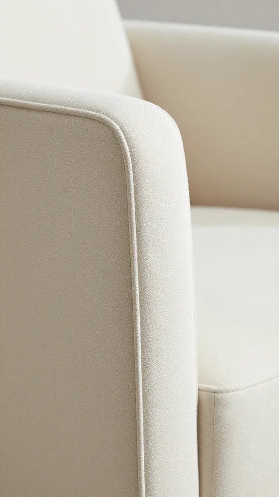closeup of a warm-white dining chair upholstered armrest in soft beige