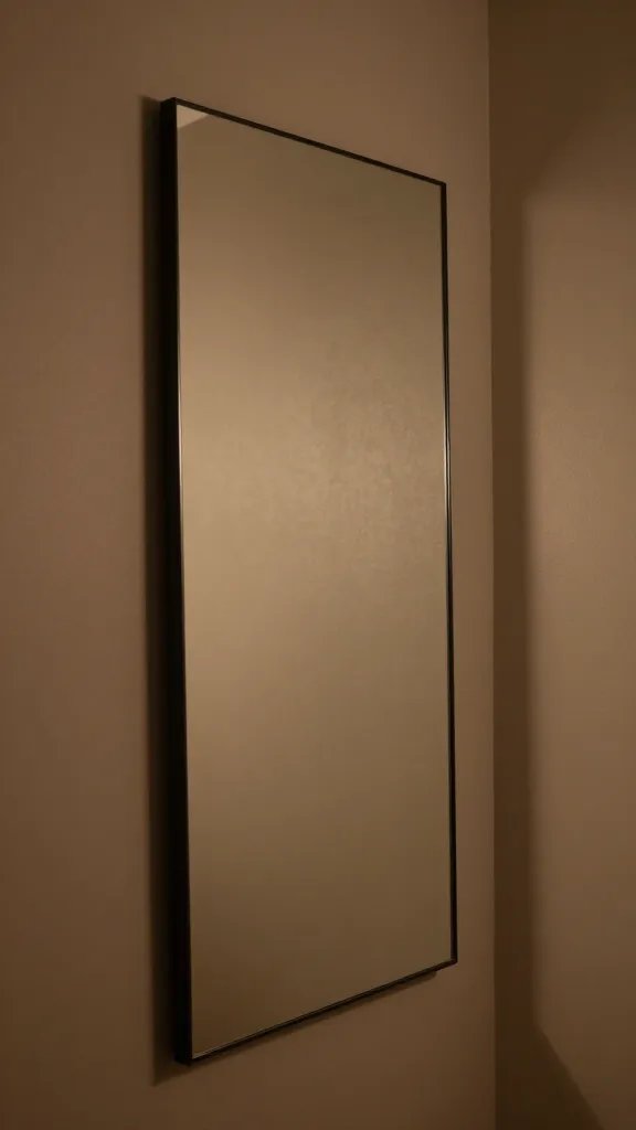 closeup of a tall wall mirror reflecting ambient lighting in a corner