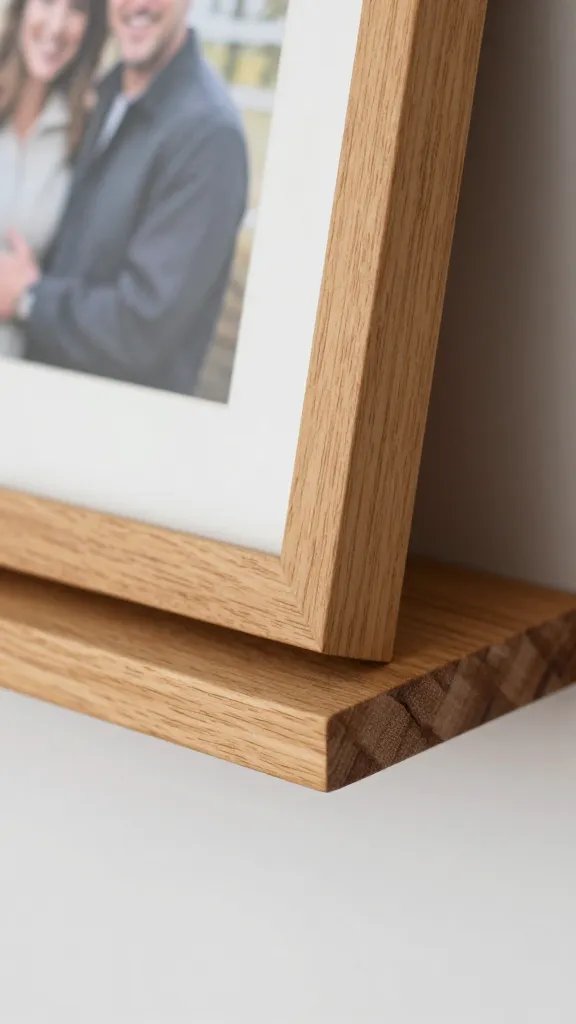 closeup of a single wooden picture ledge with a framed photo resting on edge