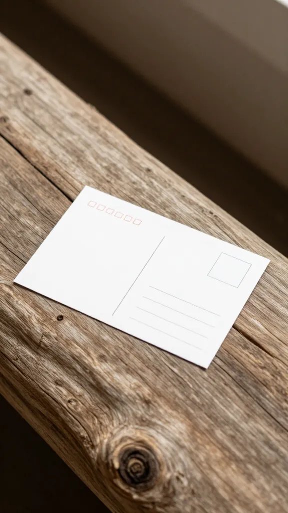 closeup of a single driftwood-toned picture ledge with one postcard on it
