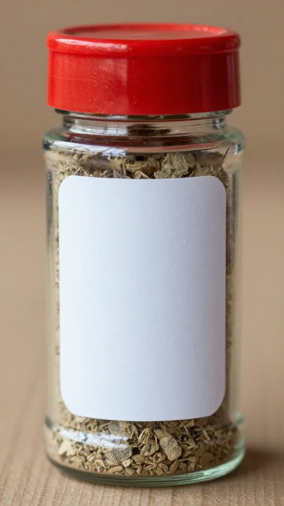 Closeup of a single glass spice jar with red-lid, label facing camera