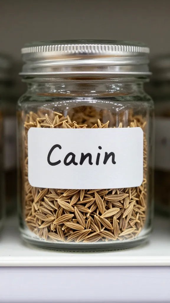 Macro shot of a single labeled cumin jar on a white shelf
