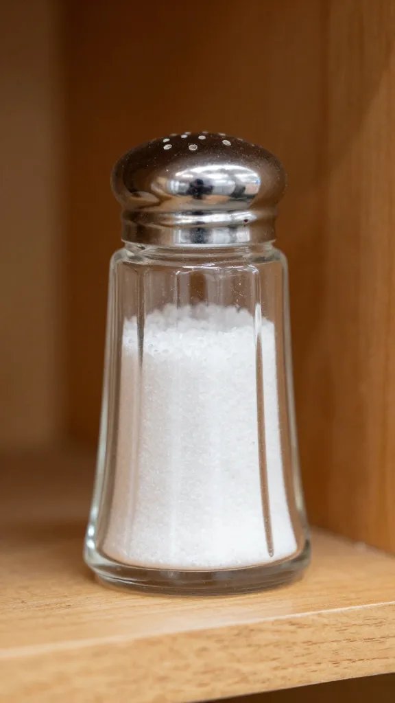 Closeup of a single salt shaker with clear grains in focus on wood shelf