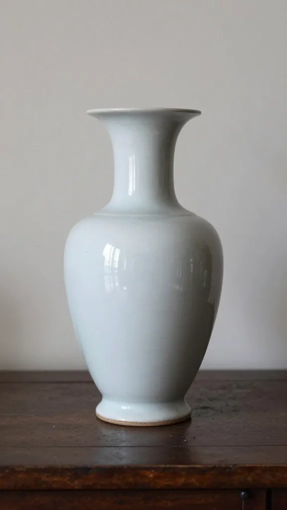 closeup of a single vintage ceramic vase on a decluttered sideboard