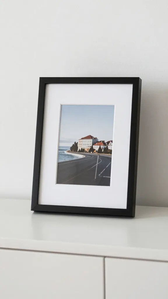 closeup of a lone framed photo resting on a bare sideboard surface