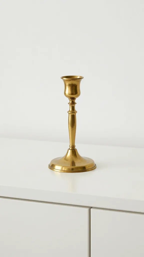 closeup of a single brass candle holder on a clean, cohesive sideboard