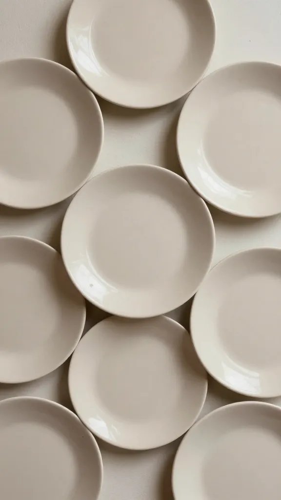 Closeup of neutrals-toned plate cluster detail on wall