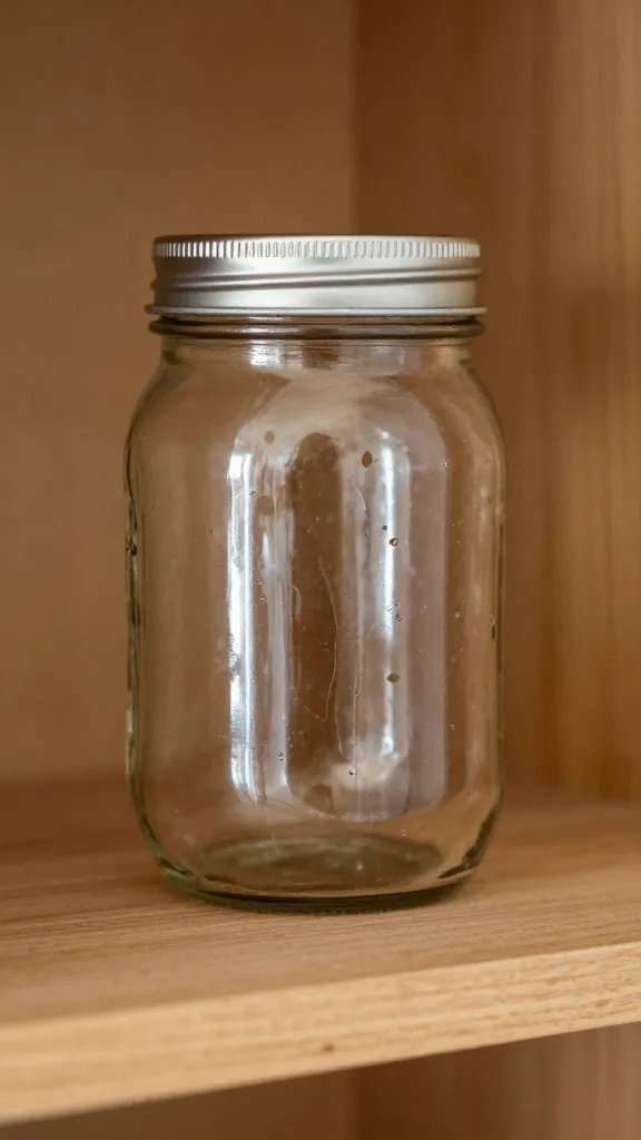 Closeup of a single repurposed mason jar bookend on a wooden shelf