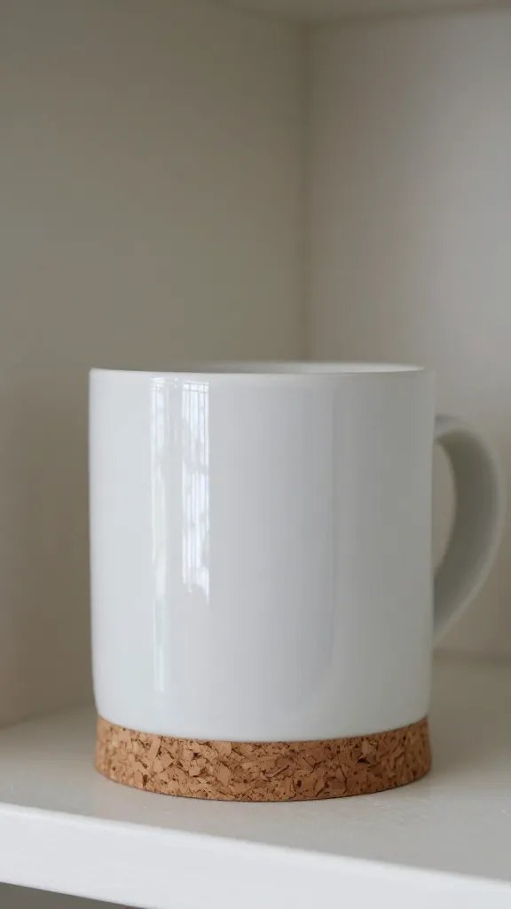 Closeup of a single ceramic mug bookend with cork bottom on shelf