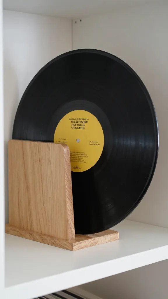 Closeup of a single vintage vinyl record as a bookend on shelf