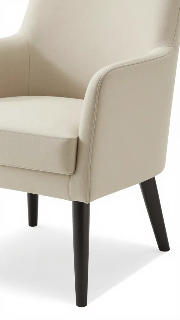 Closeup of slim-profile accent chair with exposed legs
