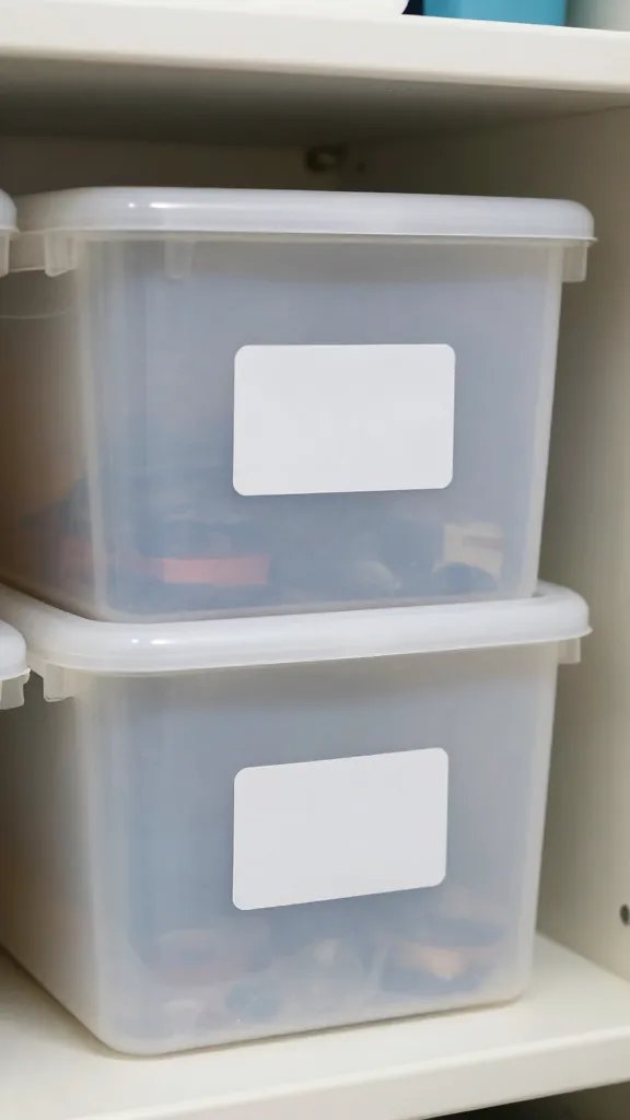 closeup of a labeled storage bin inside a tidy utility closet