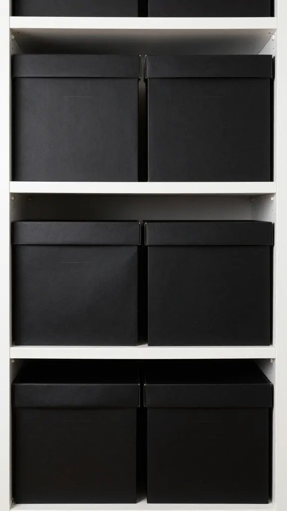 closeup of a single organized closet shelf with uniform boxes