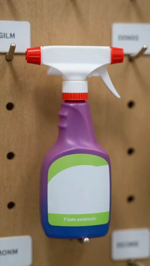 macro shot of a color-coded spray bottle on a labeled pegboard hook
