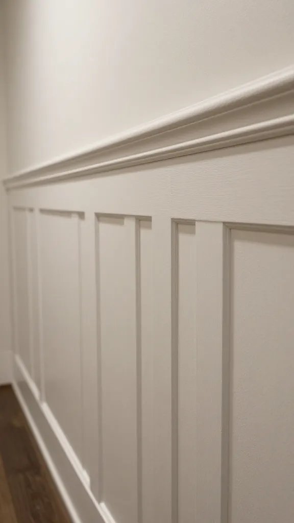 Closeup of beadboard panel edge detail on hallway wall