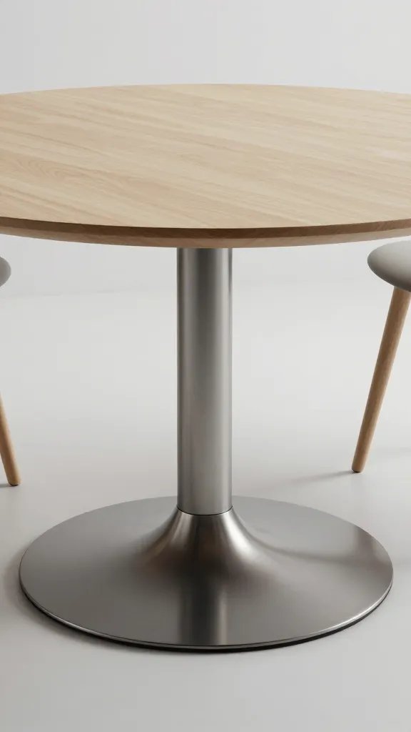 closeup of a slim pedestal dining table with no chairs