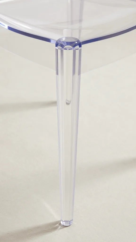 closeup of transparent acrylic dining chair legs on light floor