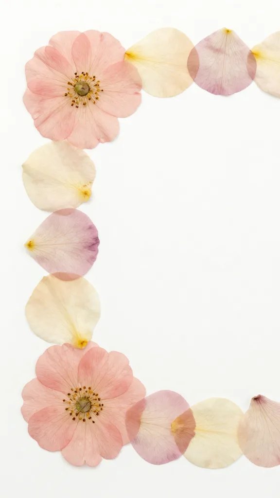 Closeup of pressed flower frame corner with pastel petals
