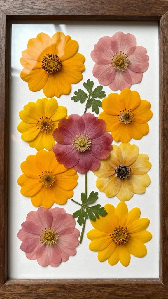 Closeup of pressed flower frame glass revealing vibrant bloom