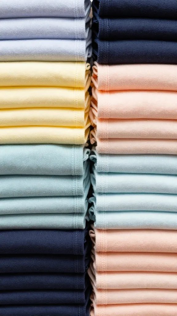 Closeup of neatly stacked underwear in color-coded section