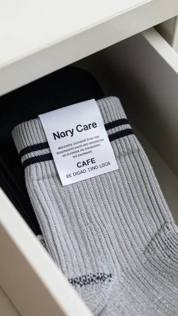 Closeup of a single athletic sock with labeled care tag in drawer
