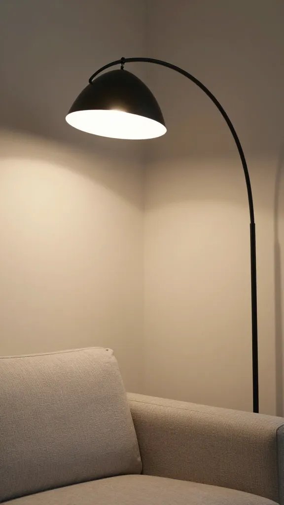 Closeup of a slim arched floor lamp illuminating a corner sofa