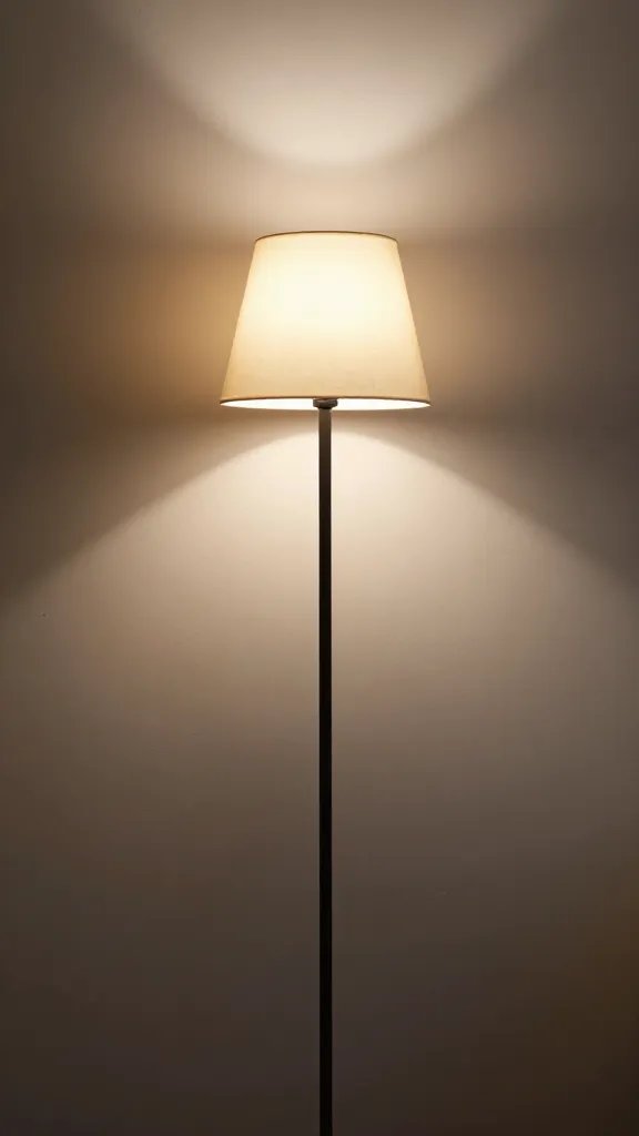 Focused shot of a tall floor lamp casting upward glow on a short wall
