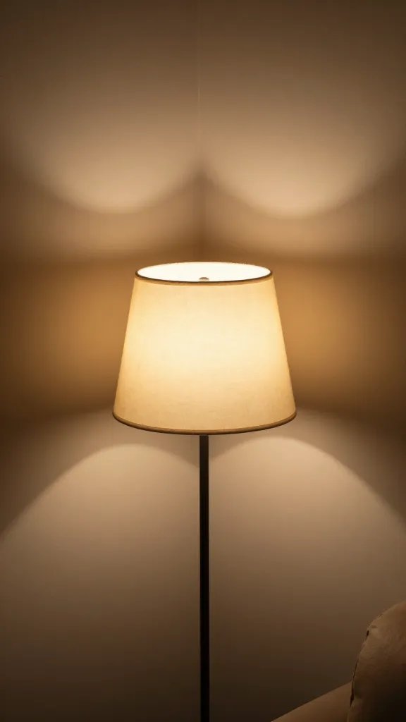 Close portrait of a single upward-facing shade glow in compact living room corner