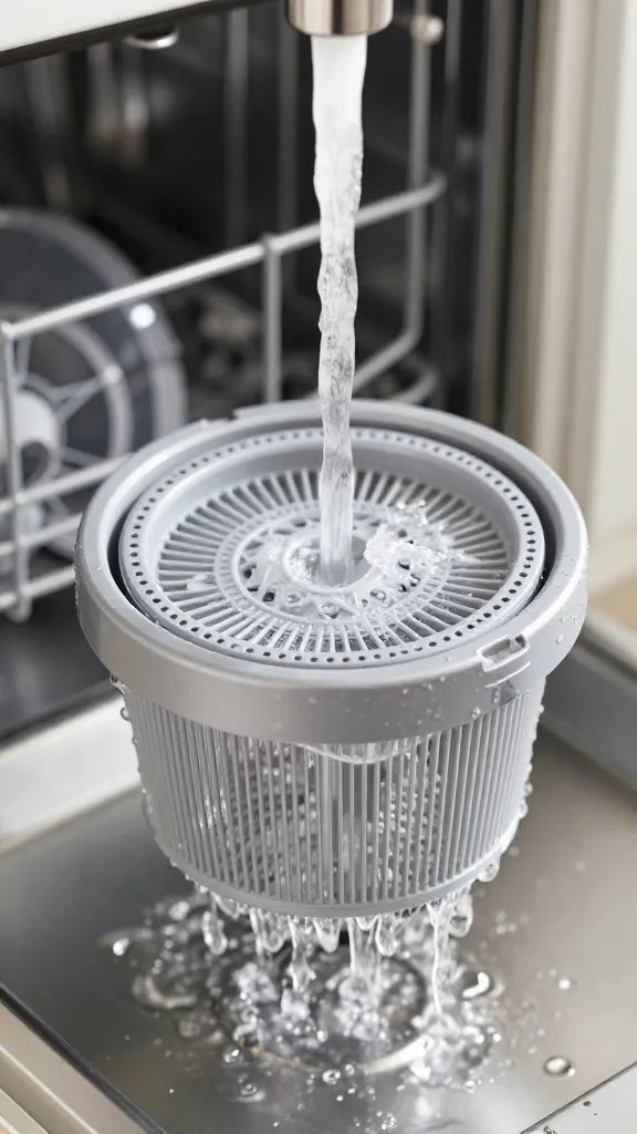 Closeup of dishwasher filter being rinsed under running water