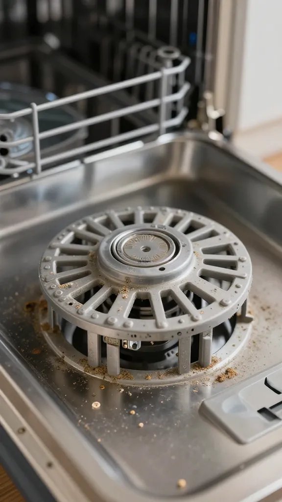 Extreme closeup of a dirty dishwasher drain with debris