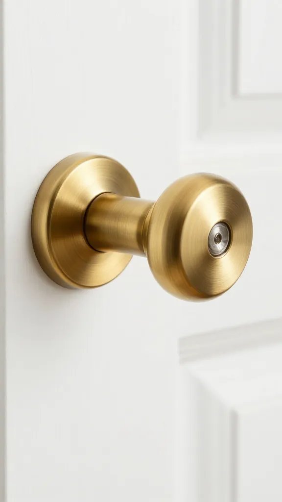 Closeup of a brushed brass door knob on a white door